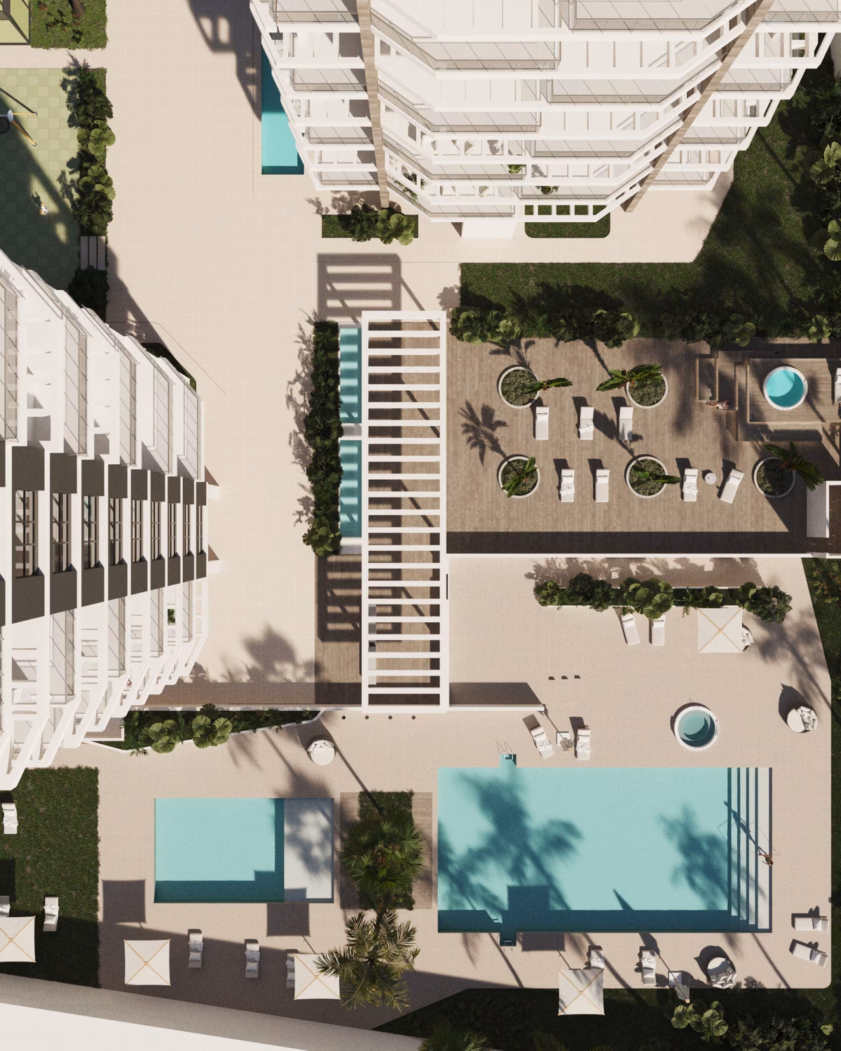 Luchtplan van het complex JADE 2 met tuinen en zwembaden, Calpe