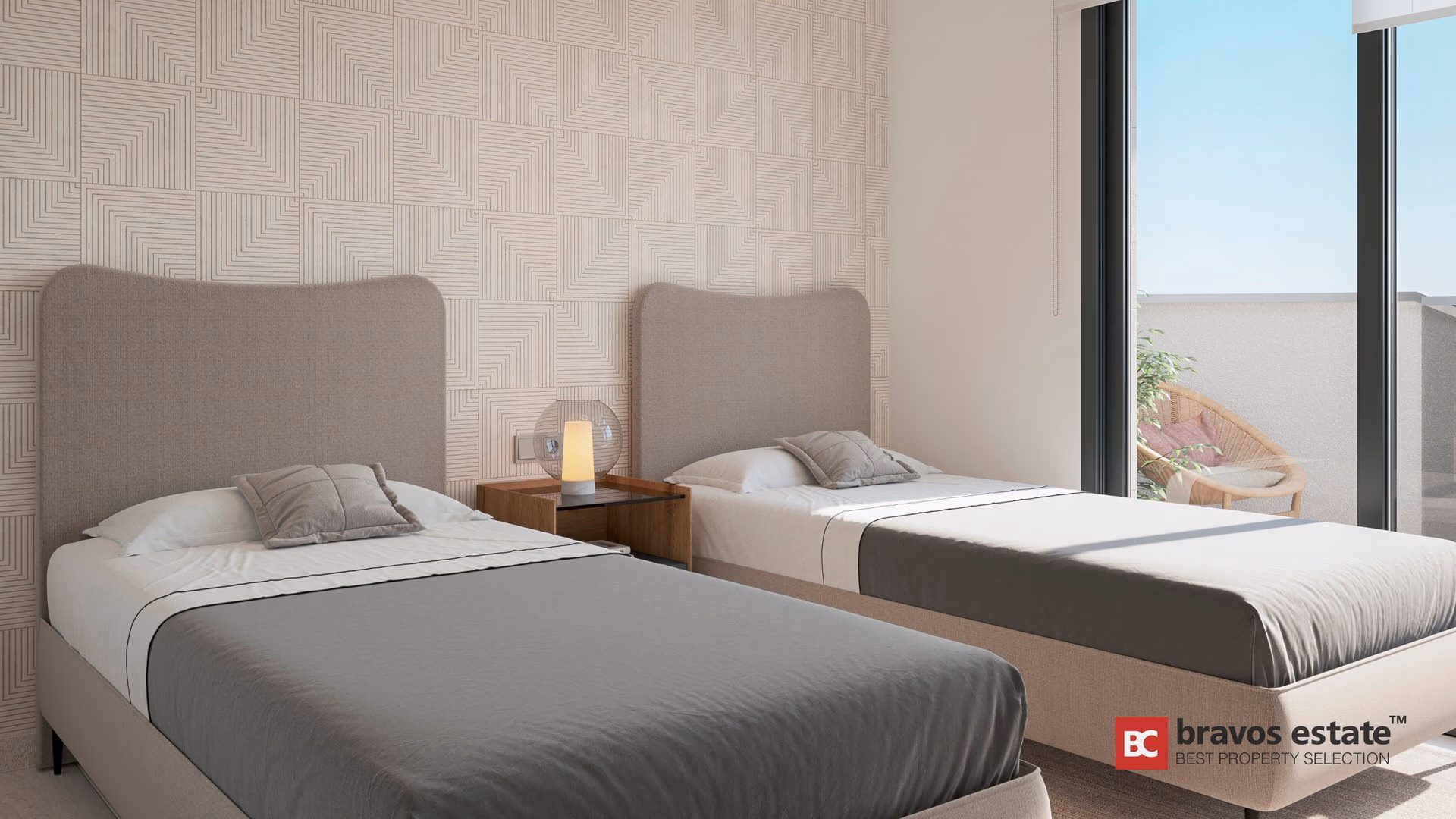 Twin bedroom in TM Tower Benidorm with geometric wallpaper accent wall and floor-to-ceiling terrace access