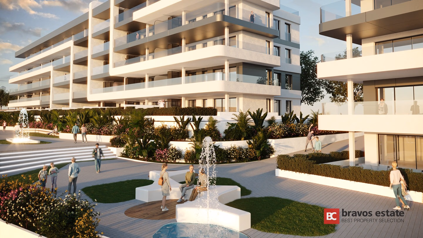 CGI render of Bonalba Green Villas showing multi-storey white apartment blocks with balconies surrounding a landscaped communal garden with fountain, tropical plants, and seating areas.