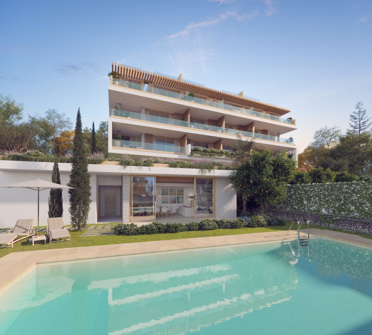 Niedriges Wohnhaus mit Holzpergola auf der obersten Etage, Gartenwohnung und Pool