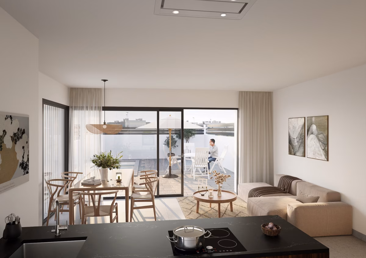 Open-plan kitchen, dining and living area opening onto the terrace at La Gomera Star