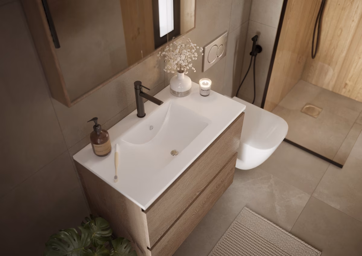Bathroom with wooden vanity and walk-in shower at La Gomera Star