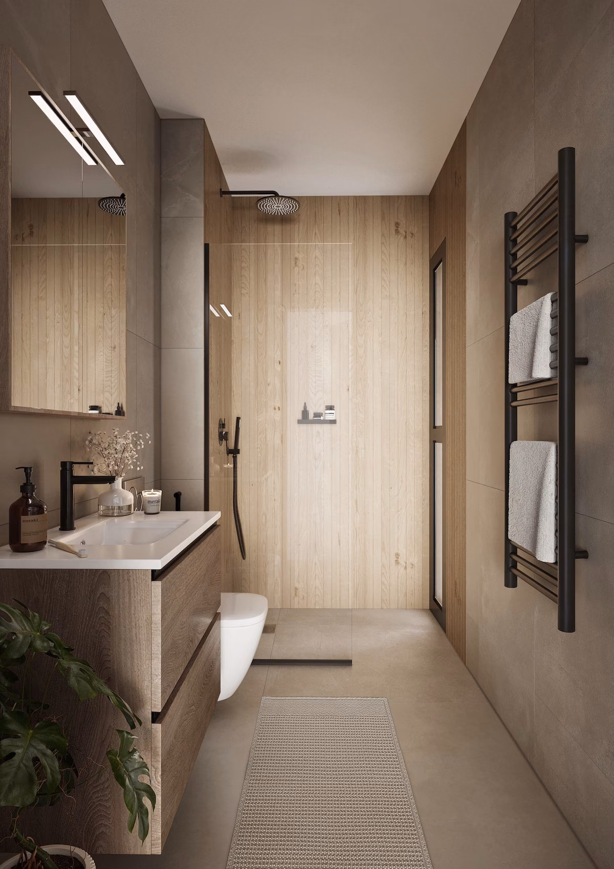Bathroom with wood-panelled walls and heated towel rail at La Gomera Star