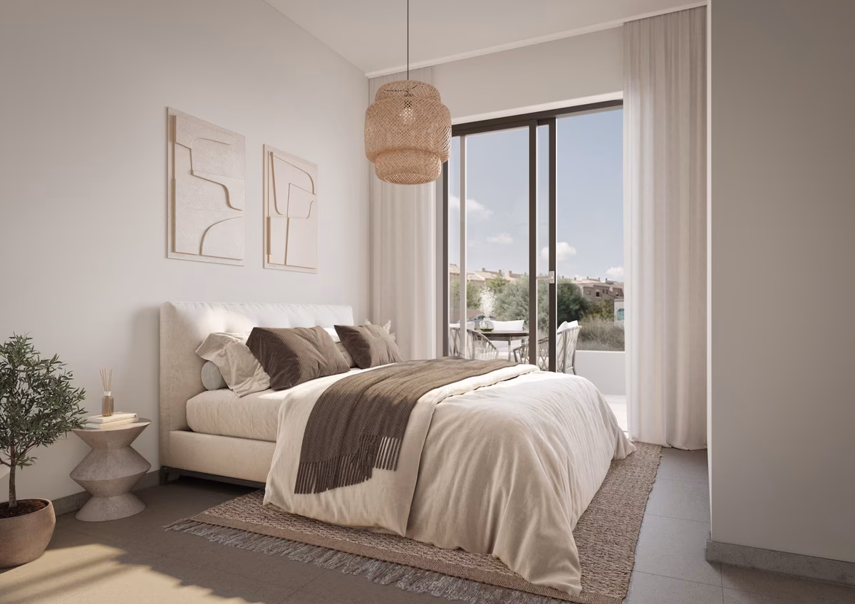 Bedroom with double bed and glass door to a terrace at La Gomera Star