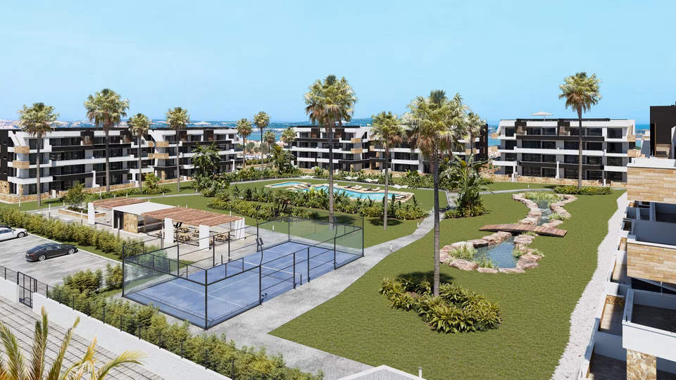 Aerial render of La Hoya with pools, lawns, padel court and barbecue area