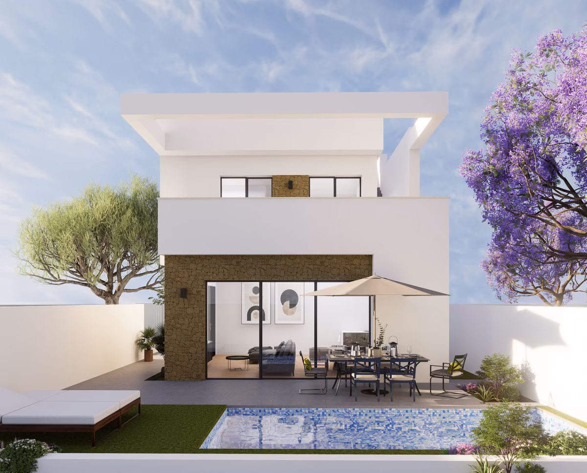 Rendered villa facade with dining terrace and pool