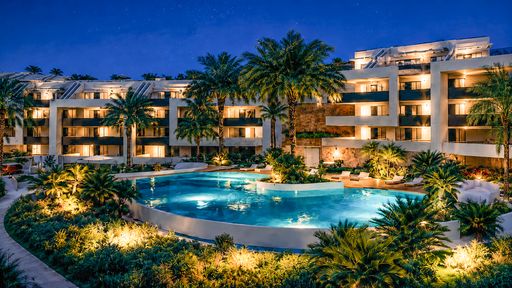 Render nocturno de las zonas de piscina y jardines de Lady Bonalba