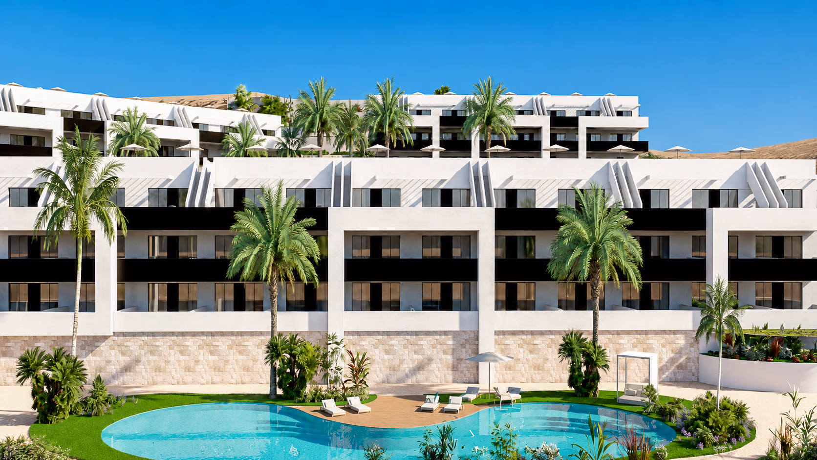 Render de Lady Bonalba — apartamentos y piscina estilo laguna junto a Bonalba Golf