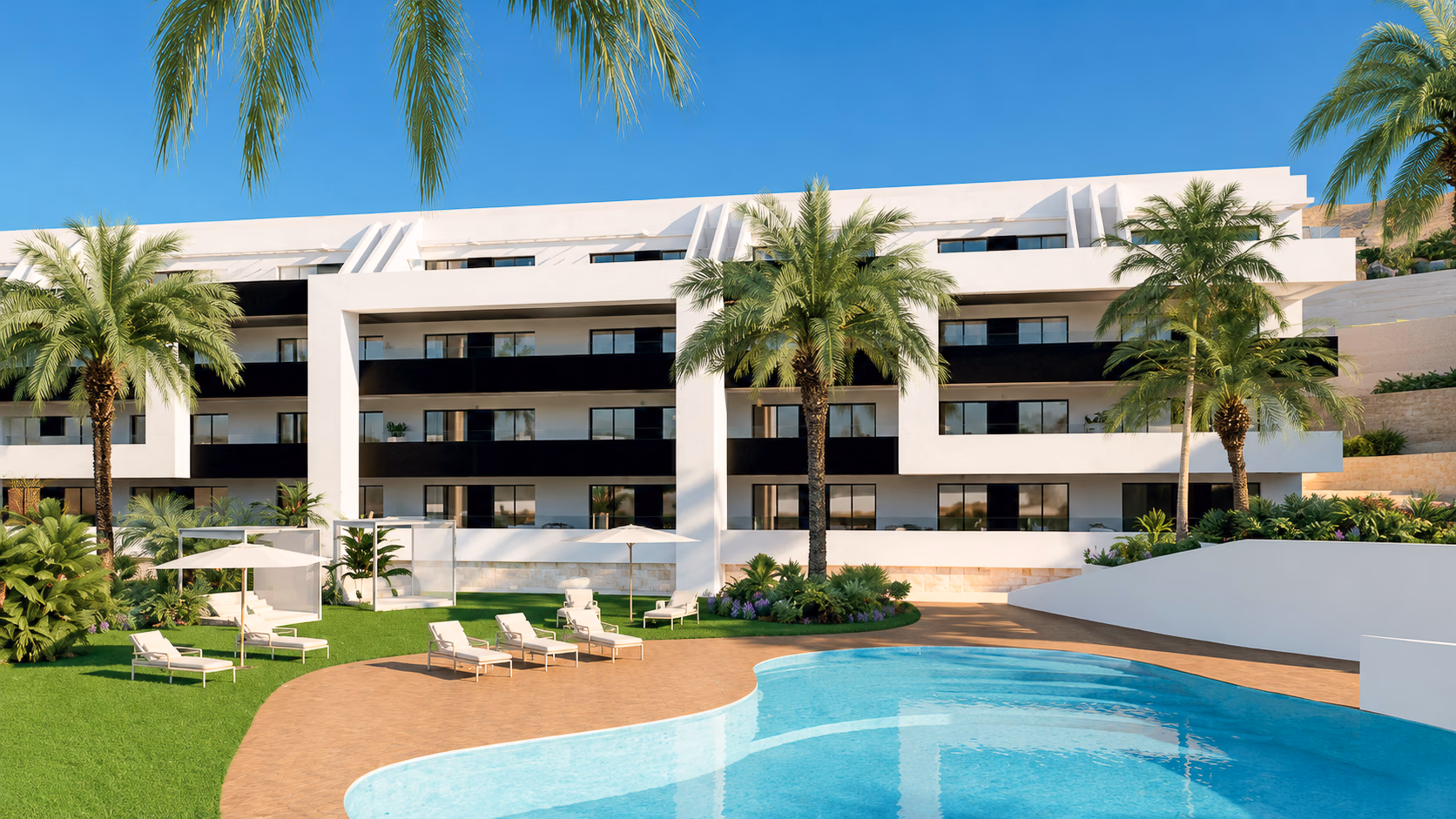 Terrazas de los apartamentos sobre una de las tres zonas de piscina (render)