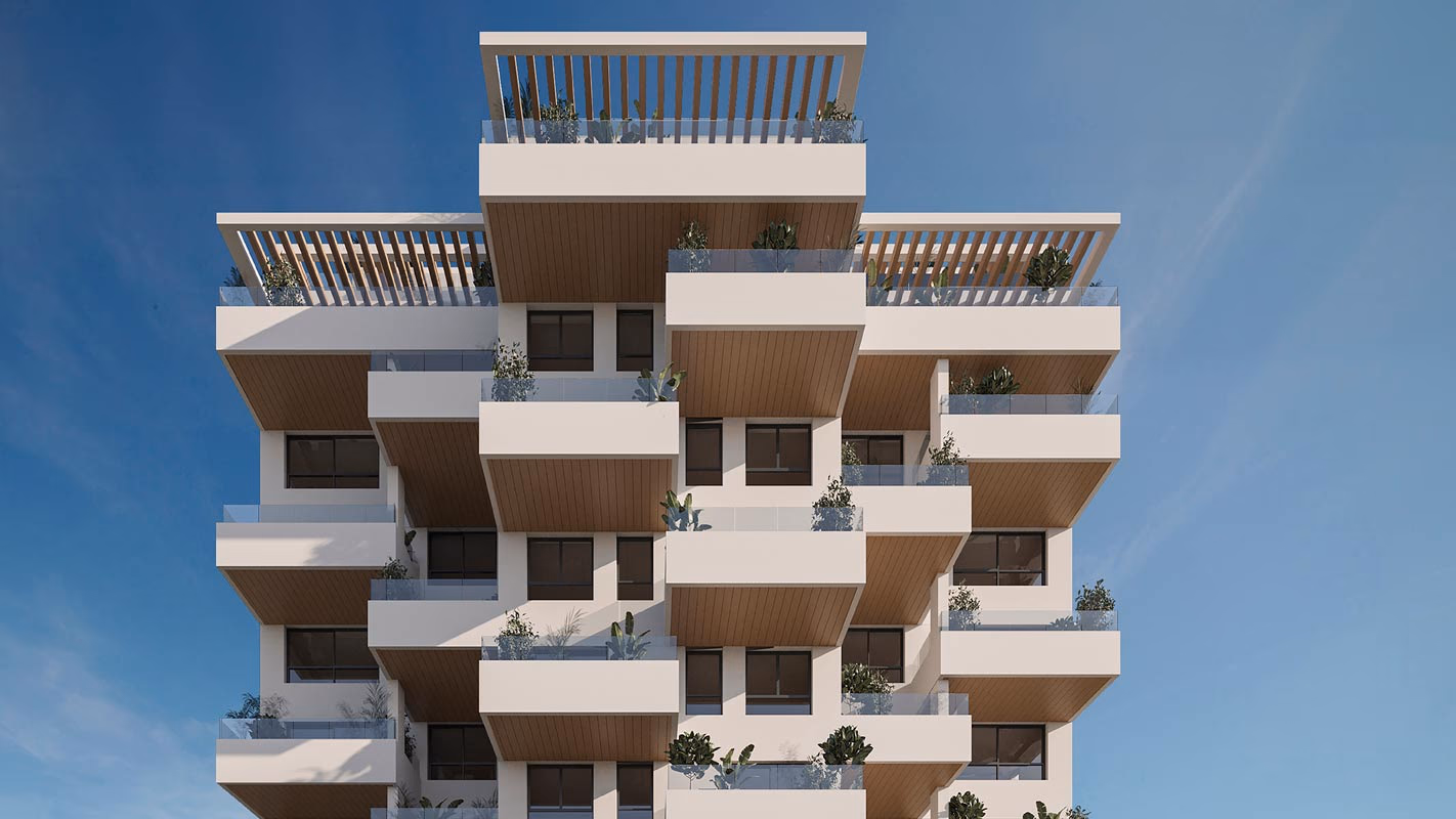 Современный белый фасад Lagune Homes с озеленёнными террасами, Calpe