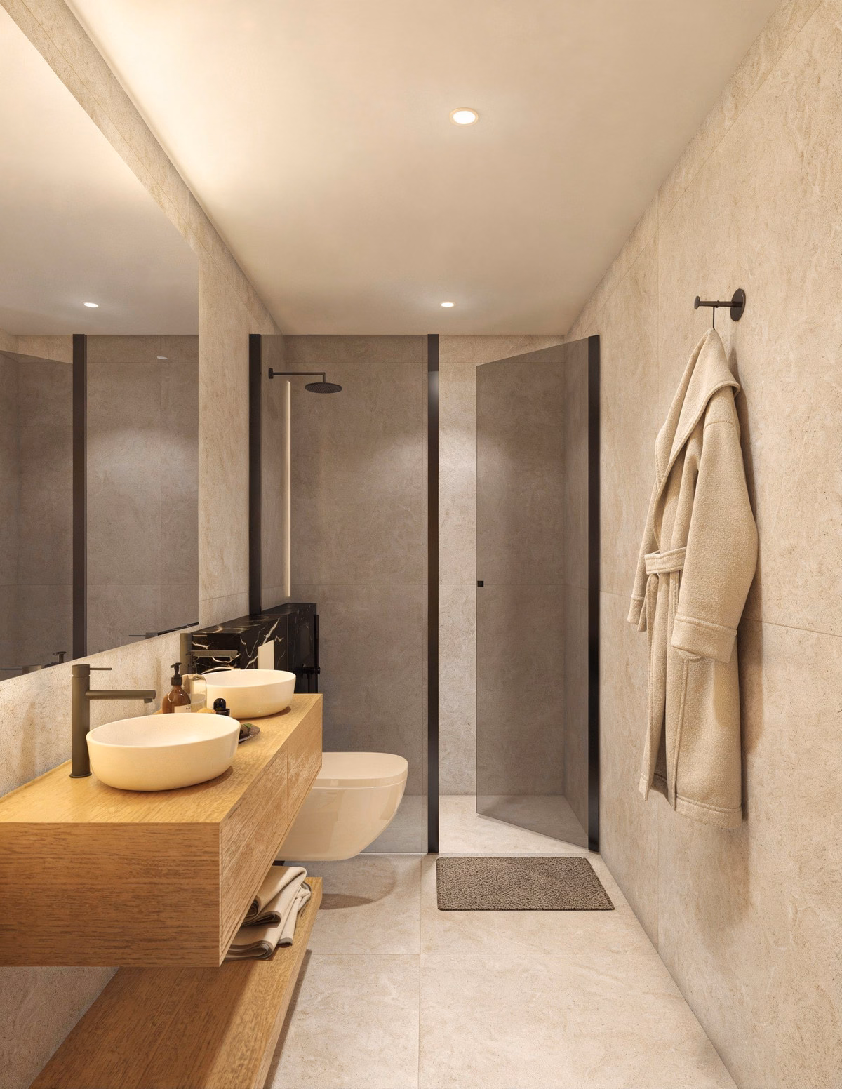 Bathroom with timber vanity and shower, three-bedroom Lakeview home
