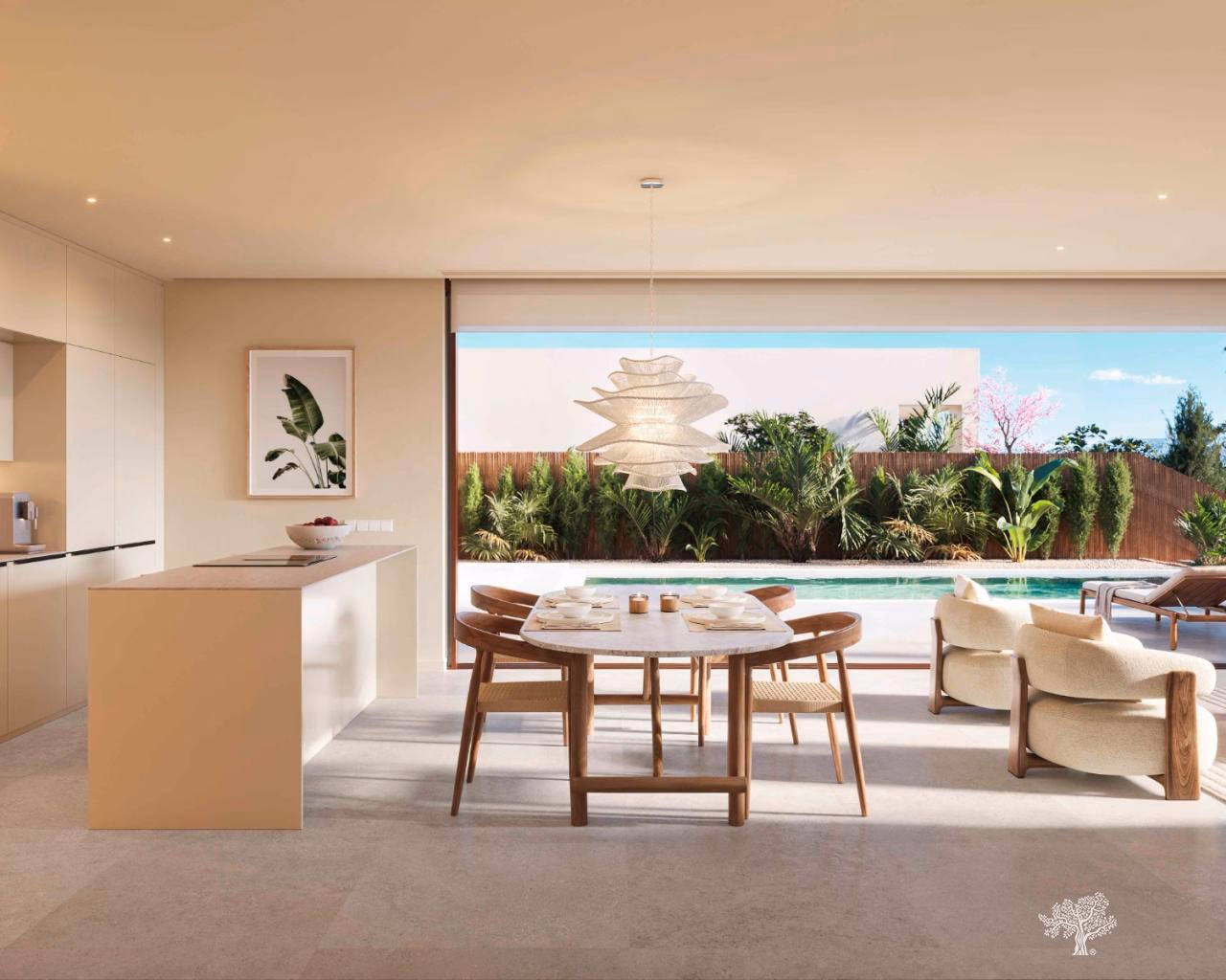 Кухня-гостиная с выходом на террасу и бассейн в Lima Villas