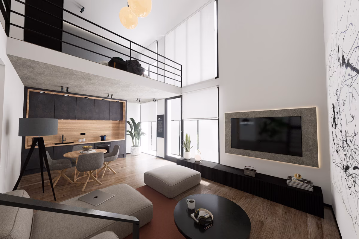 Open-plan kitchen and lounge with mezzanine above