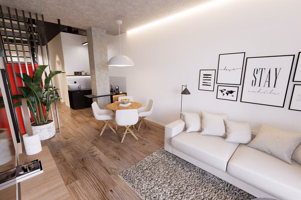 Open-plan kitchen and lounge with mezzanine above
