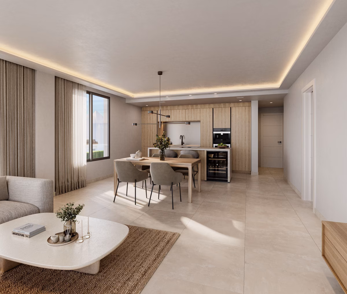 Comedor e isla de cocina en Los Balcones del Golf