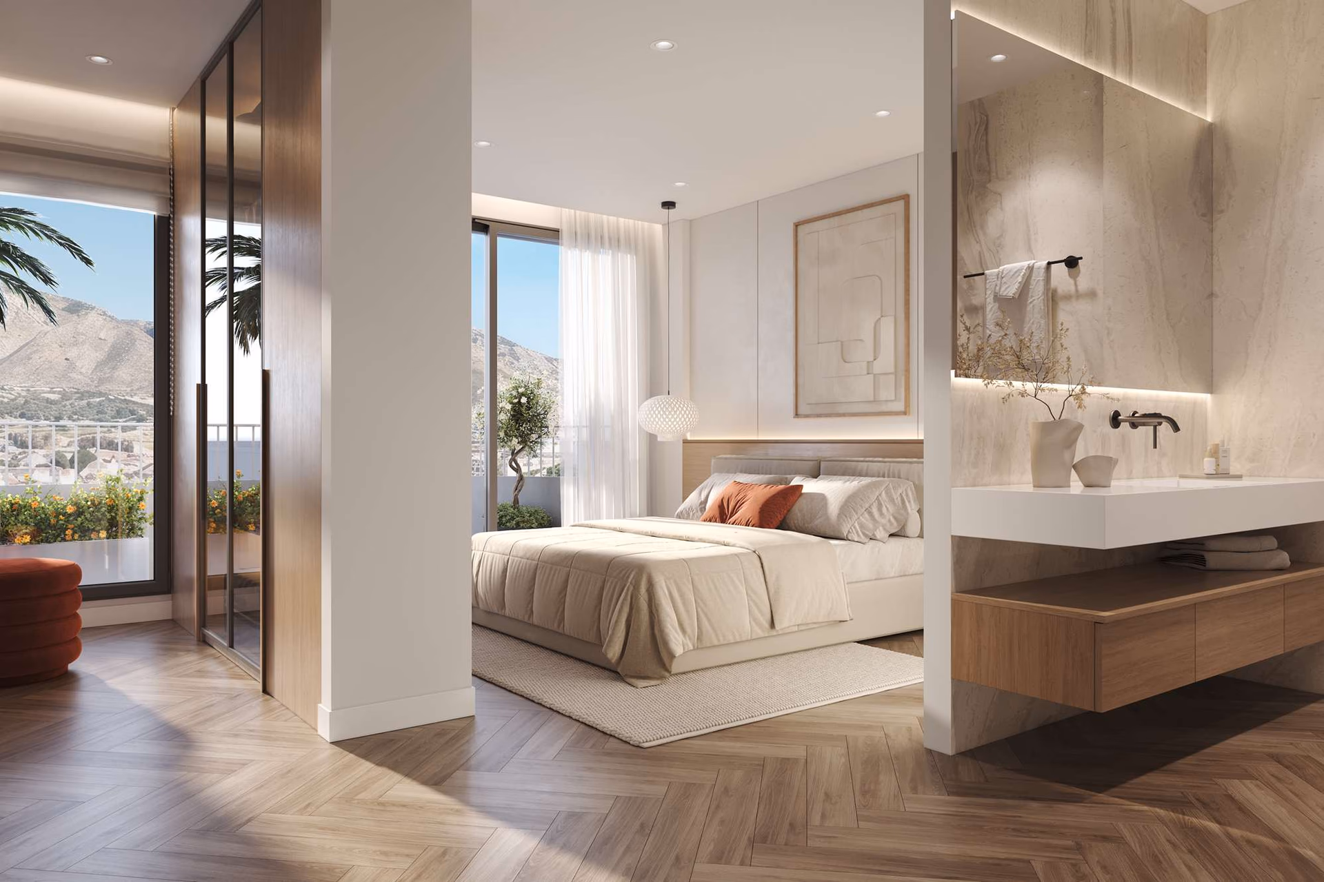 Slaapkamer met een moderne en-suite badkamer
