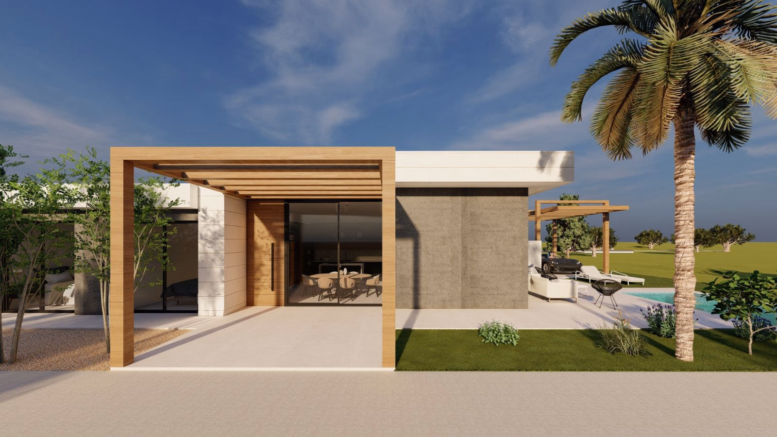 Villa facade with a wood pergola entrance