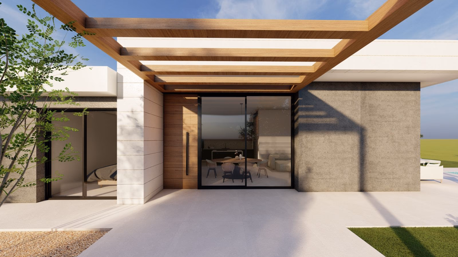 Covered entrance with sliding doors to the dining area