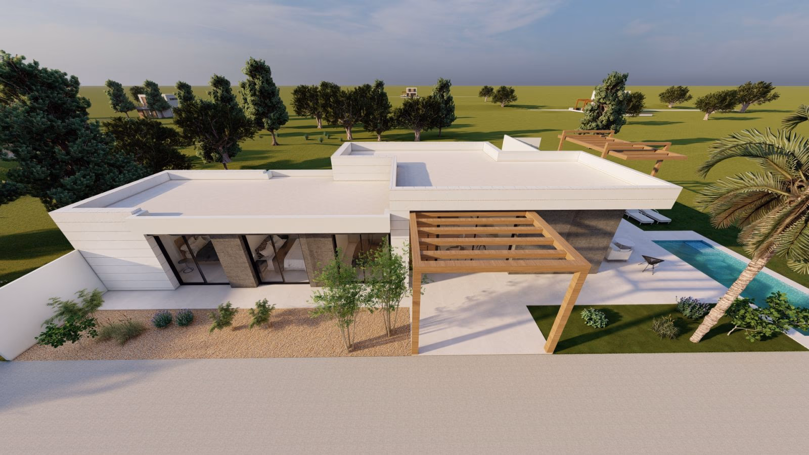 Aerial view of a Mar de Alborán II villa with pool and garden in open countryside