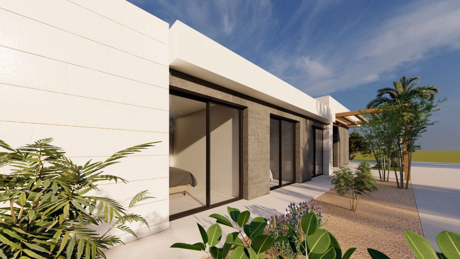 Full-height bedroom windows onto the landscaped garden