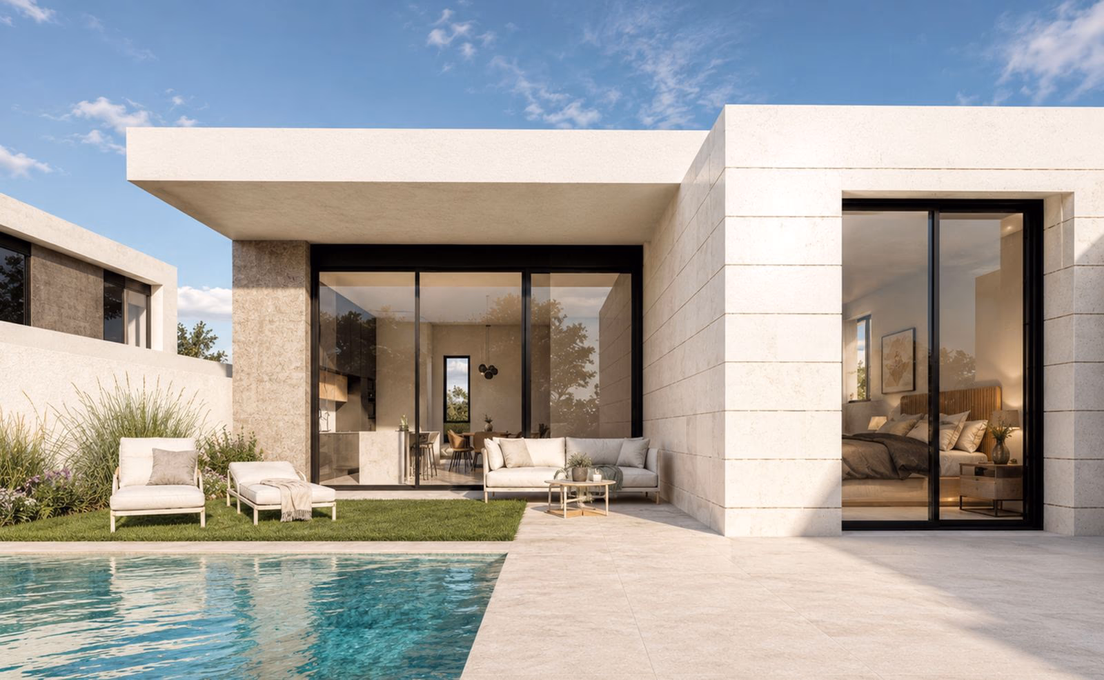 Private pool and terrace beside the open living space of a Mar de Granada villa