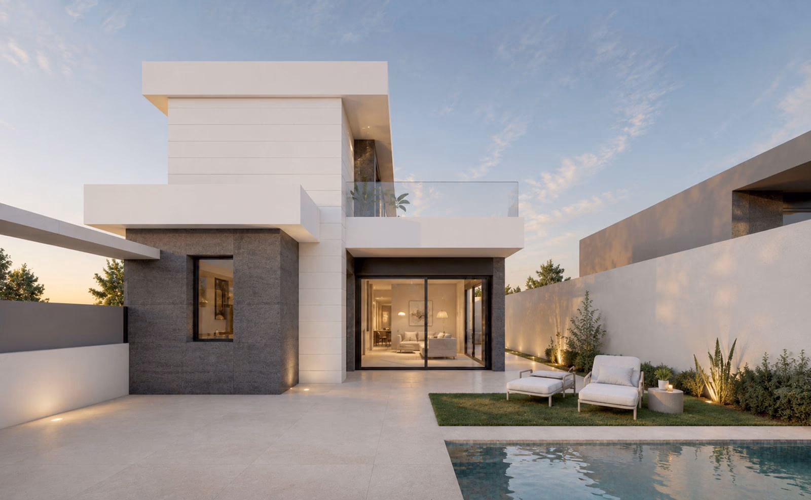Rear of a two-level villa with its private pool and terrace