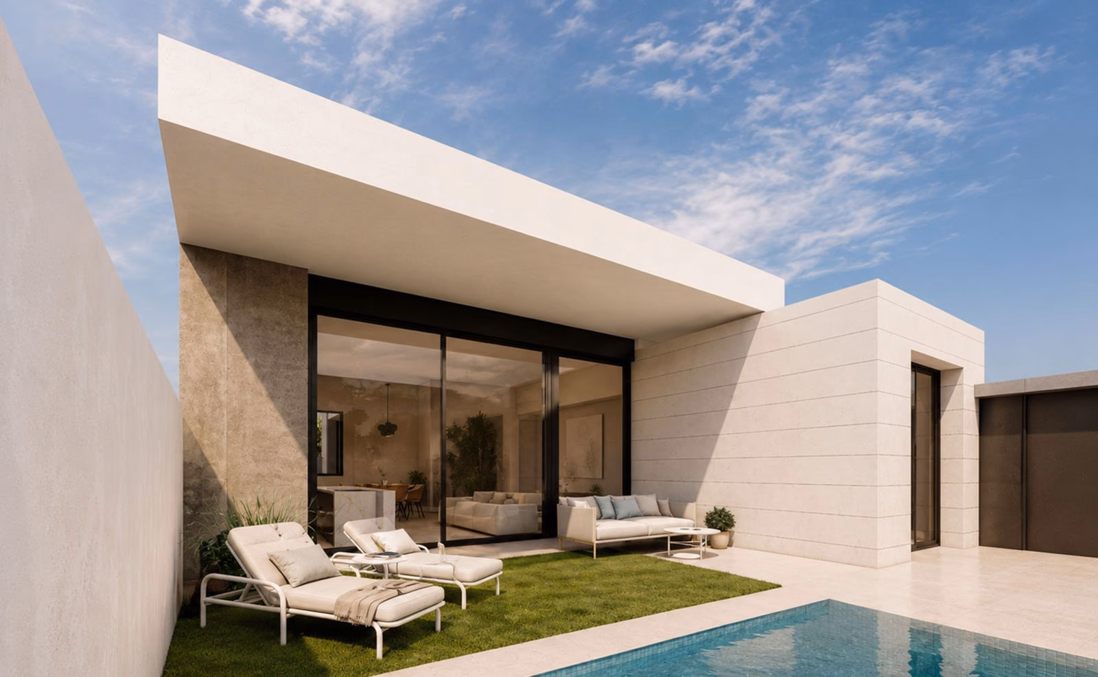 Single-level villa terrace with a private pool and loungers