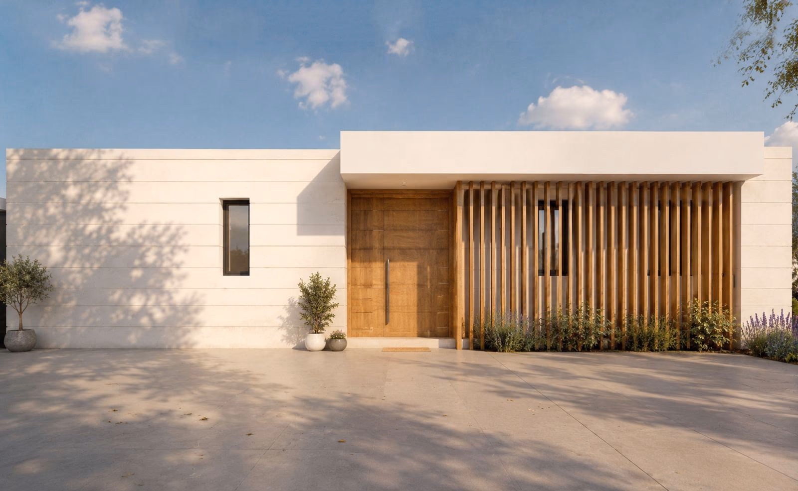 Villa entrance with a wood door and slatted screen