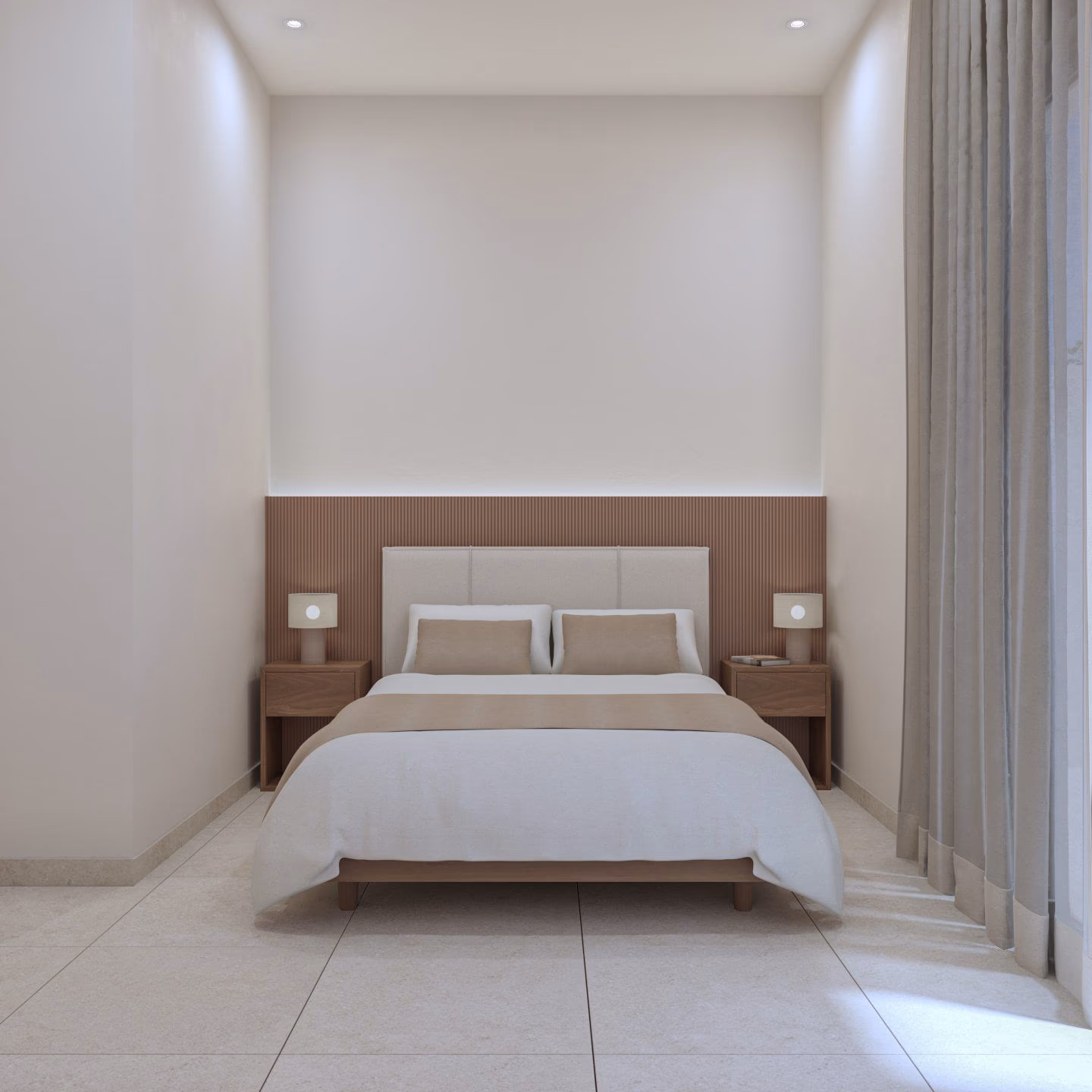 Bedroom with a fluted headboard and bedside lamps