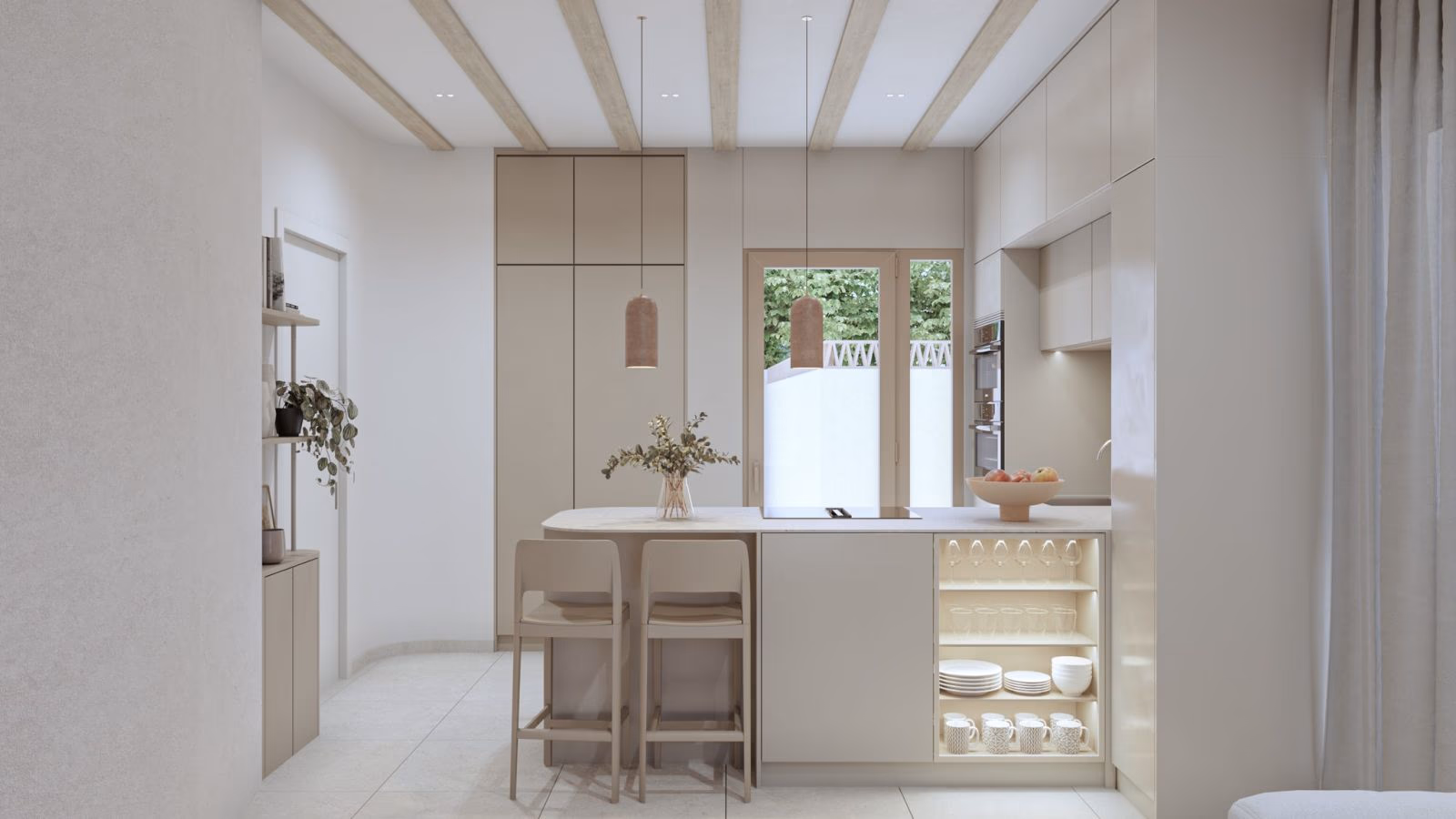 Kitchen with an island and breakfast bar