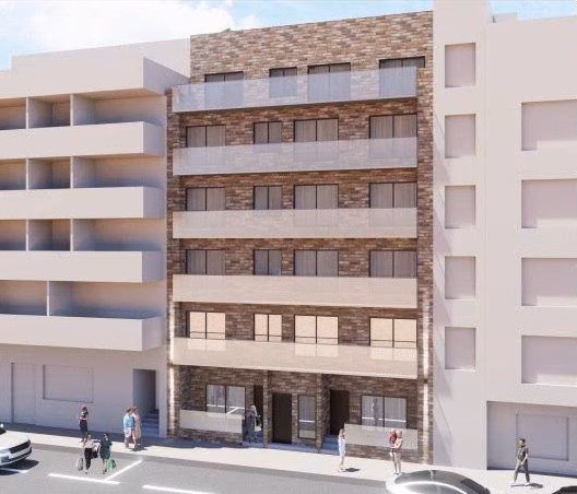 Straßenfassade des Hauses Maximlux mit Klinkerverkleidung und Balkonen, Torrevieja