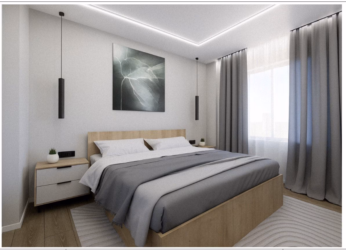 Schlafzimmer mit Doppelbett, Pendelleuchten und abstraktem Bild in einer Wohnung von Maximlux