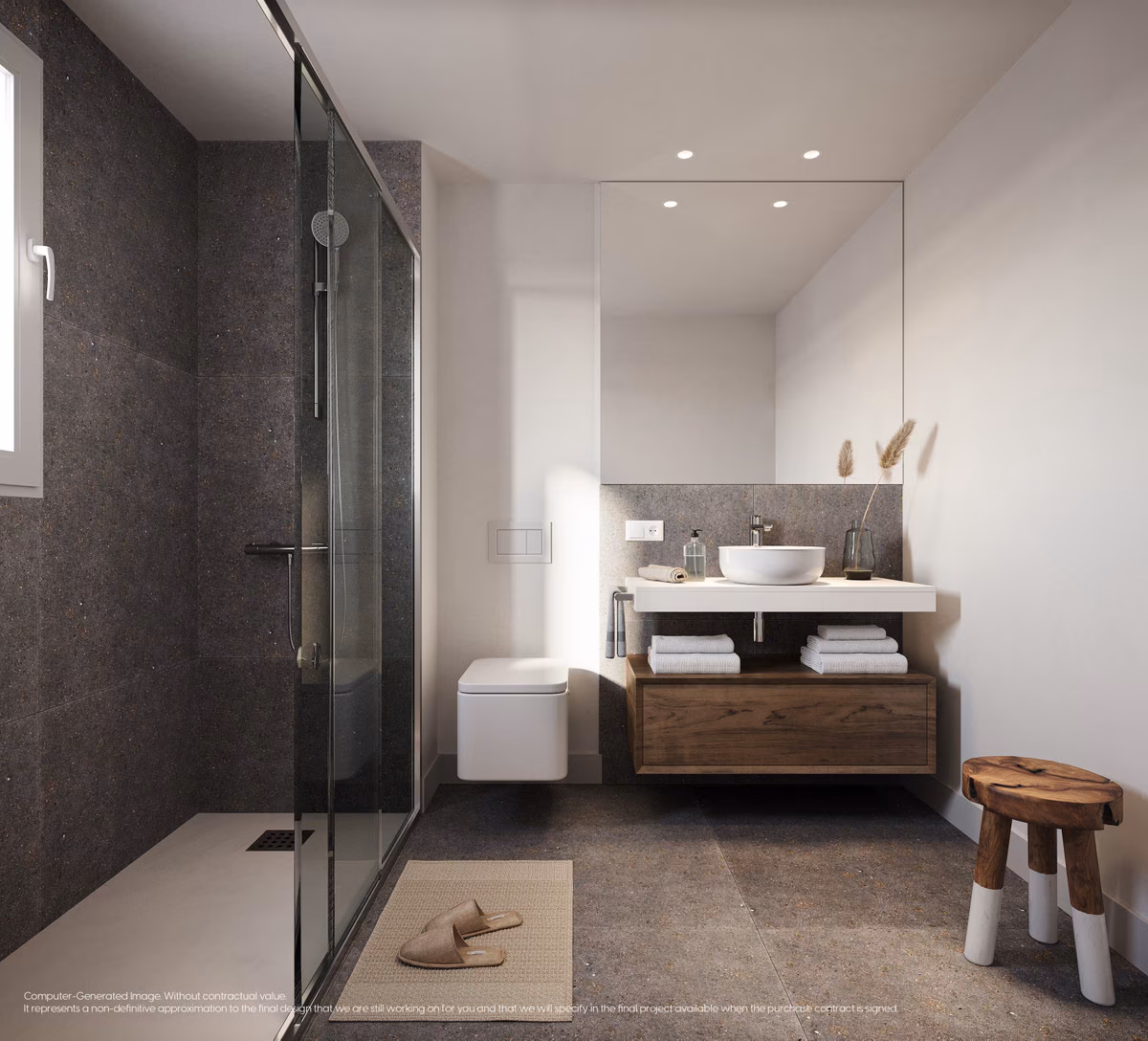 Bathroom with walk-in shower and wooden vanity