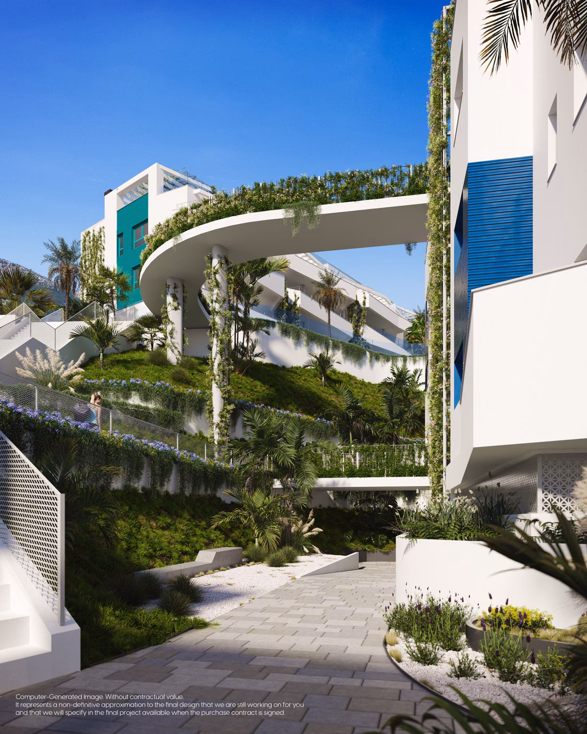 Curved terraces with plants cascading down the façade