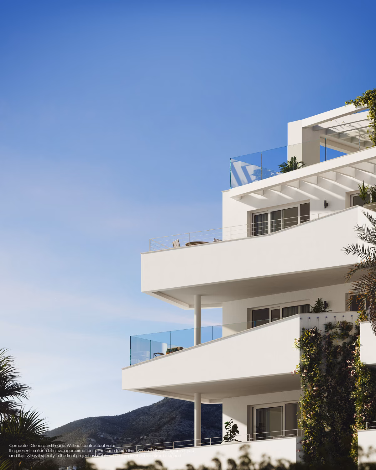 Corner of a building with glass balconies and pergola terraces