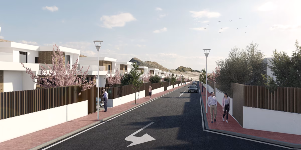 Rendering of a residential street with villas at Montemar, Altaona Golf