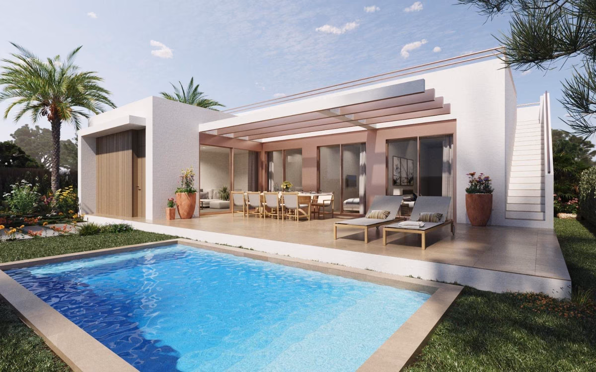 Villa de una planta con pérgola, piscina y escalera exterior al solárium