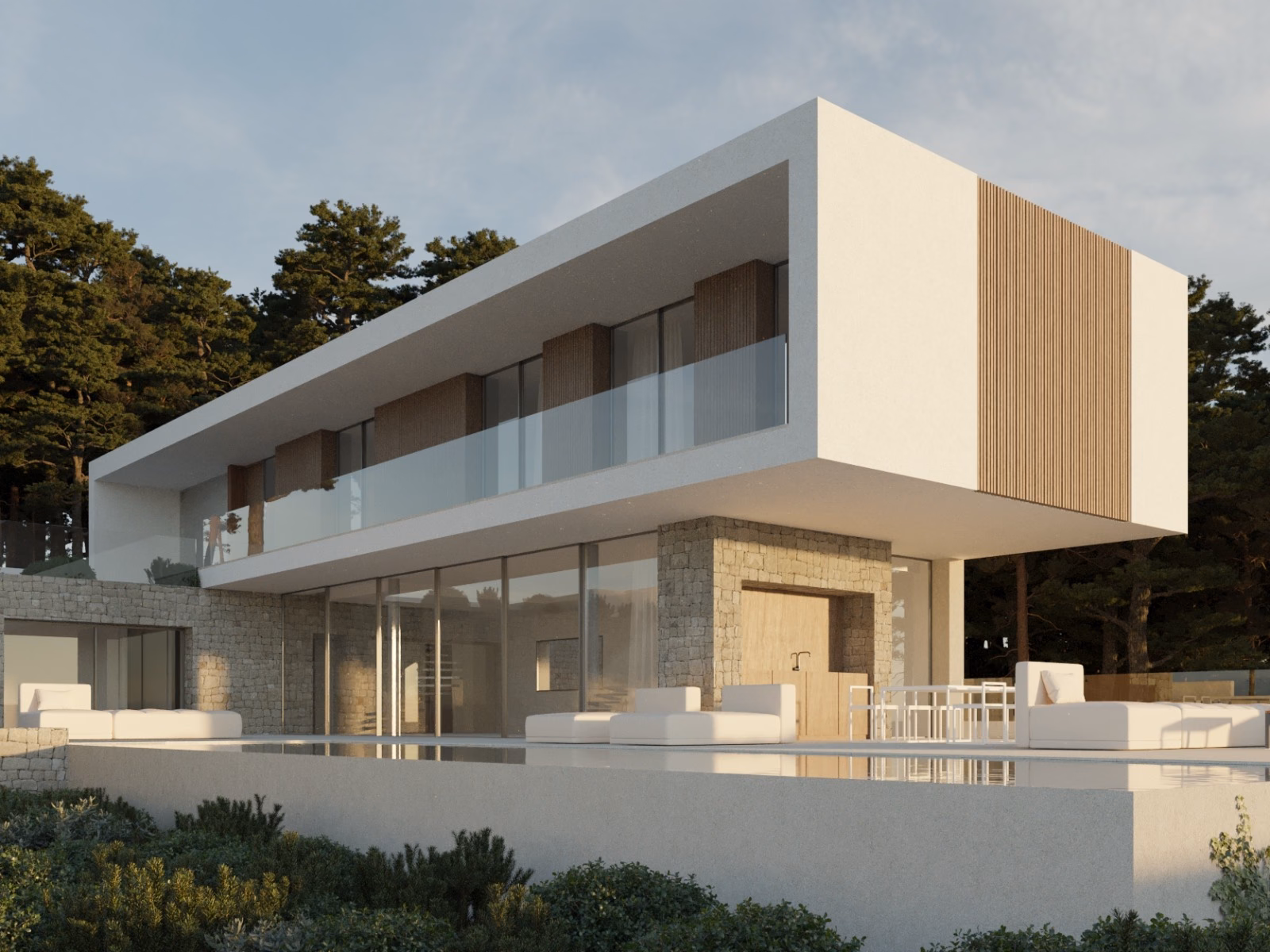 Mostoles 4: villa with a cantilevered white upper floor over the glazed ground floor and pool terrace