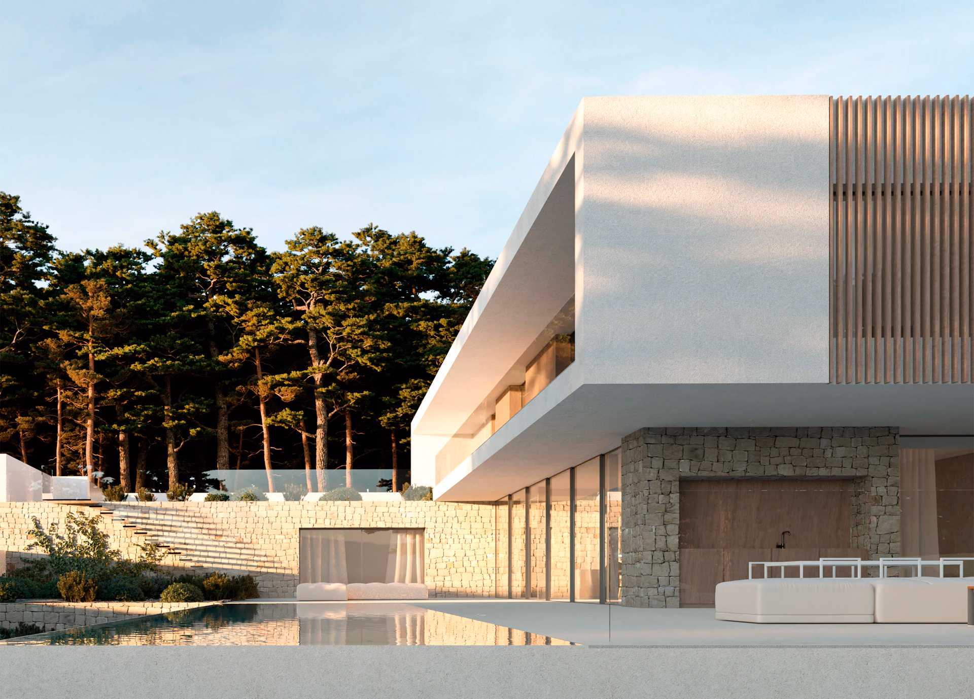 Corner of the upper floor with timber slats and the pool terrace below