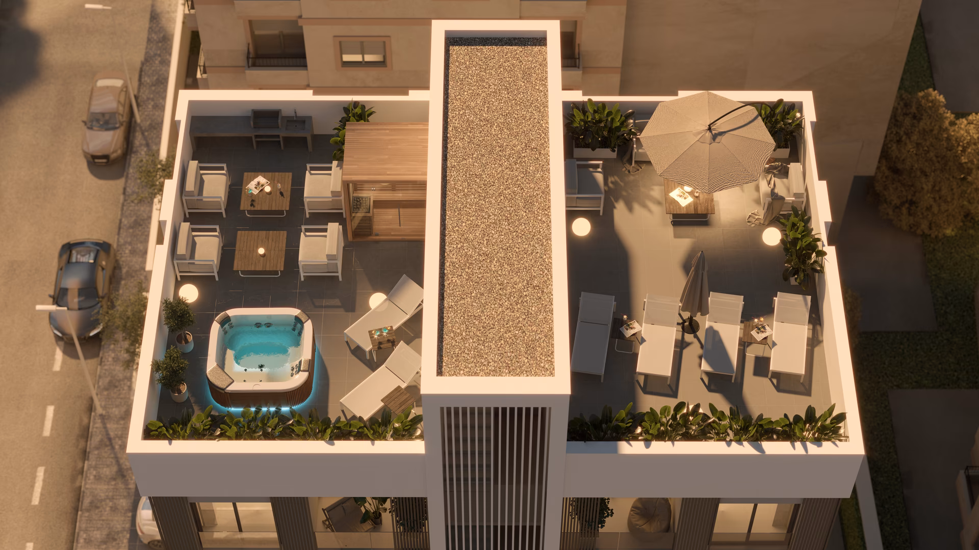 Vista cenital de la azotea: sauna, jacuzzi, zona lounge y solárium