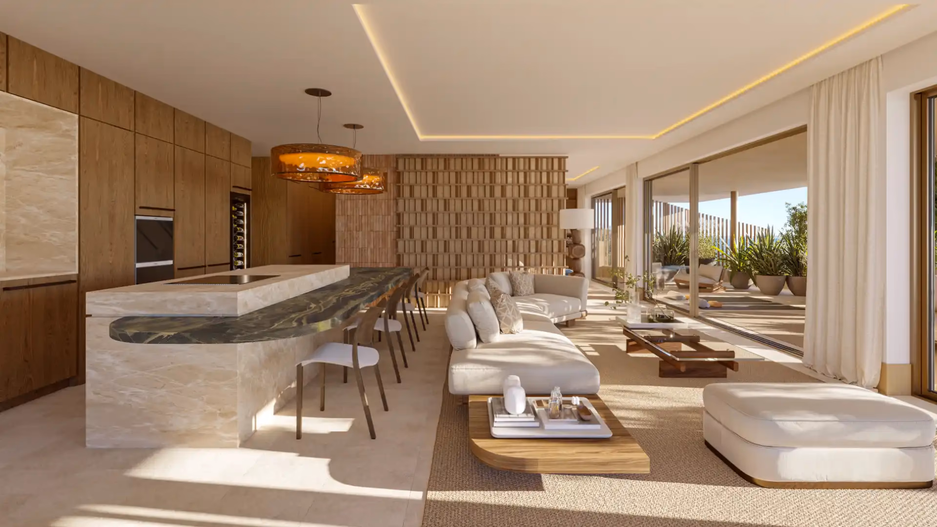 Landscaped terrace with sun loungers and Mediterranean planting at NAVEN