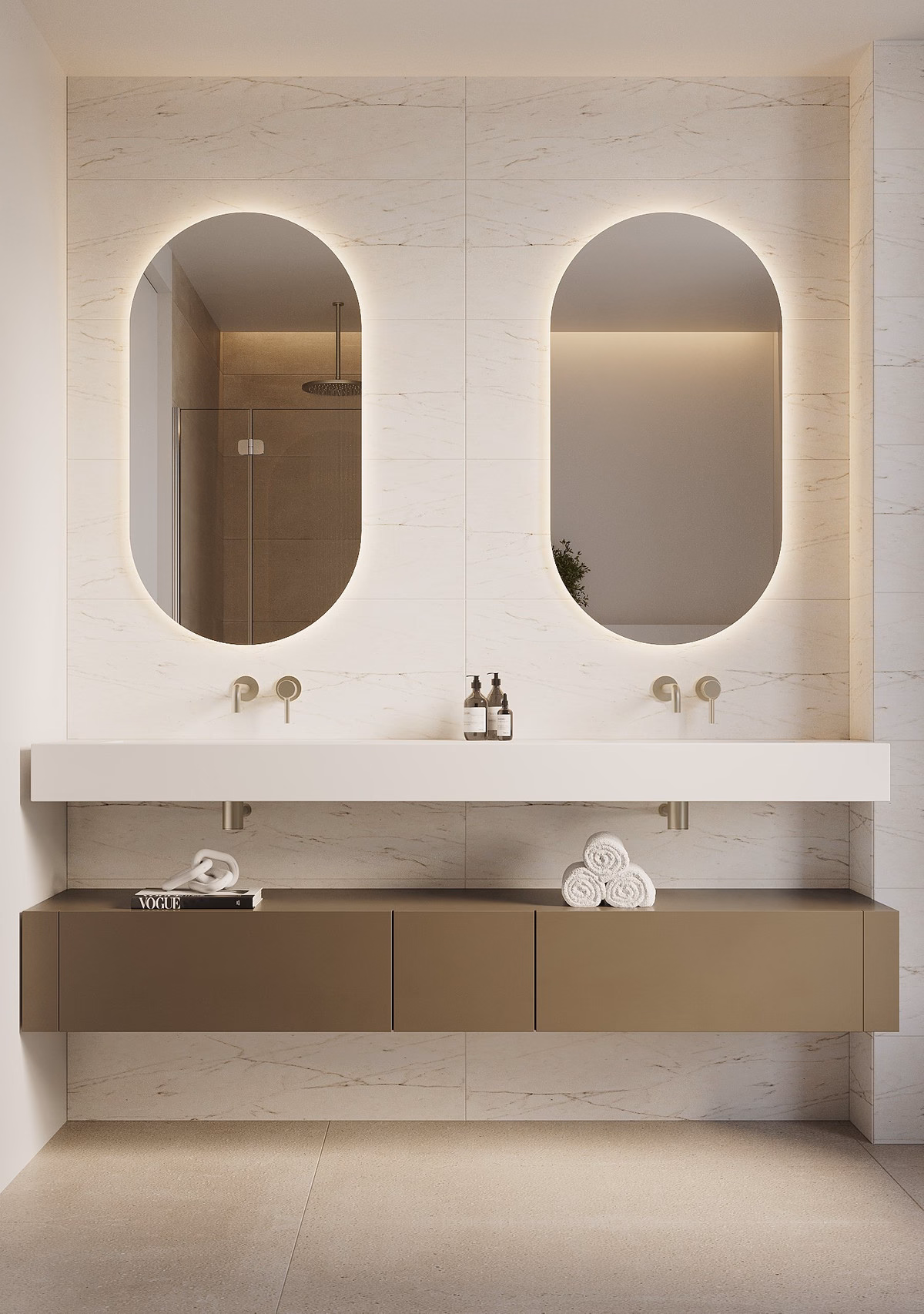 Baño de doble lavabo con acabados en piedra en un apartamento de Naya Residences
