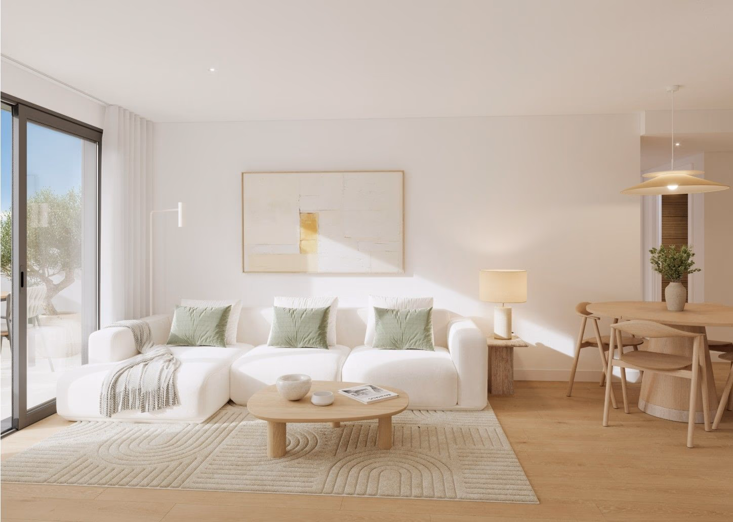 Otwarta strefa dzienna z jadalnią i wyjściem na taras w nowym apartamencie niedaleko Benidorm