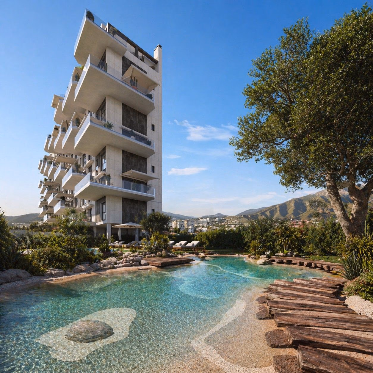 Budynek przy lagunowyn basenie wspólnym, La Cala de Finestrat niedaleko Benidorm