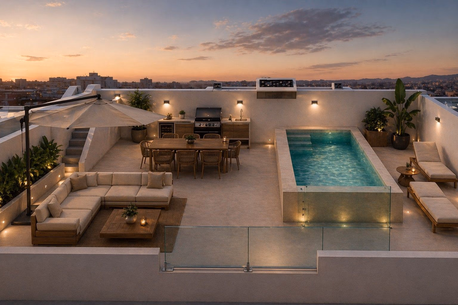 Dachowe solarium penthouse'u z basenem plunge i grillem z widokiem na panoramę Benidorm