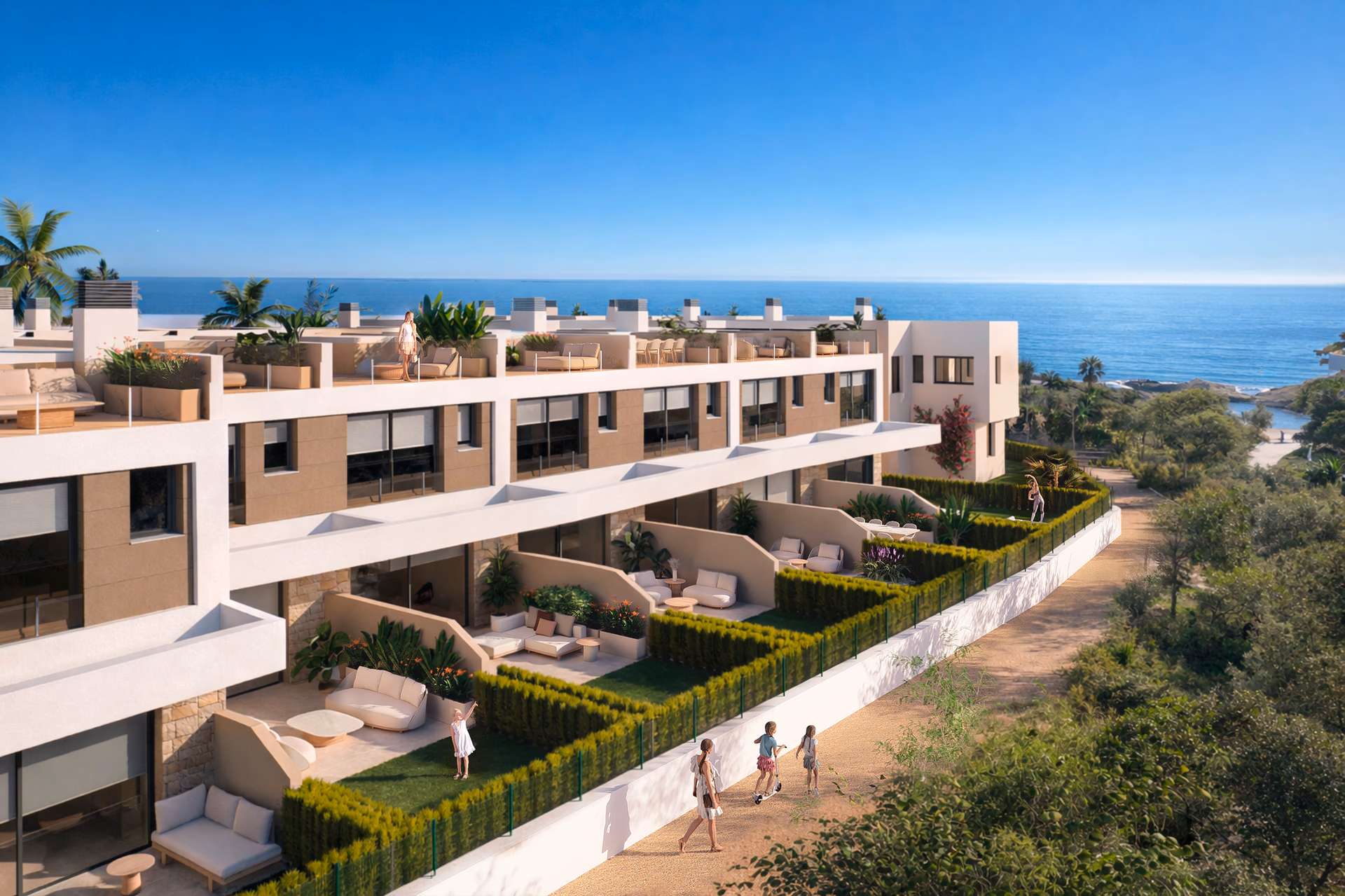 Row of contemporary seafront villas with private terraces at NJOY SHORE
