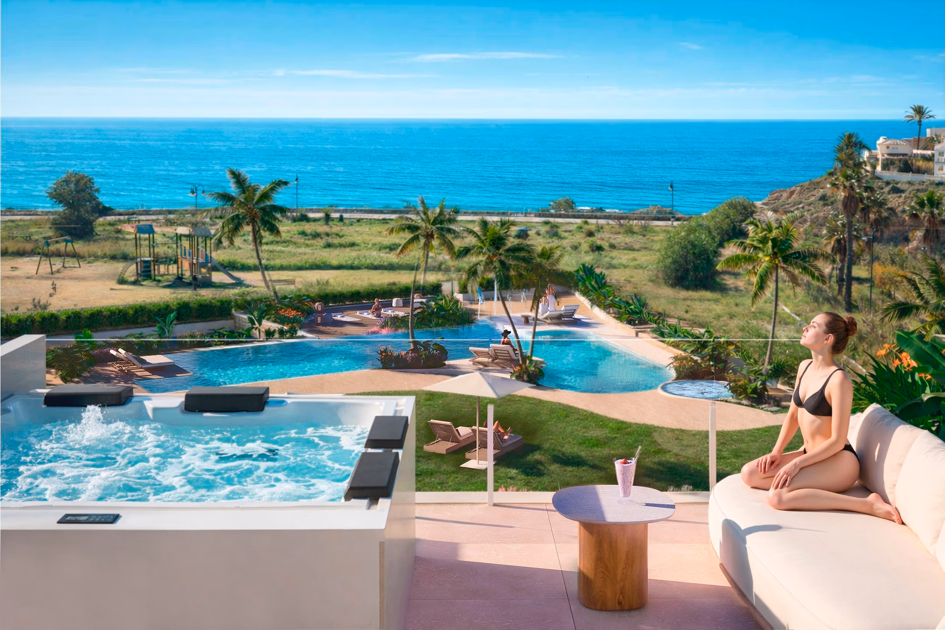 Sea-facing pool deck and loungers at NJOY SHORE
