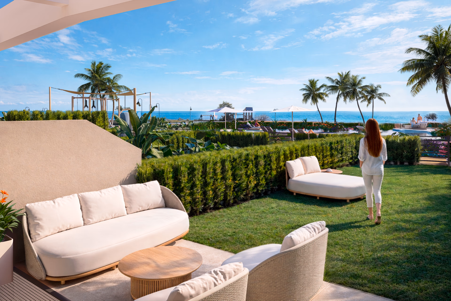 Private garden opening to sea views at a NJOY SHORE villa