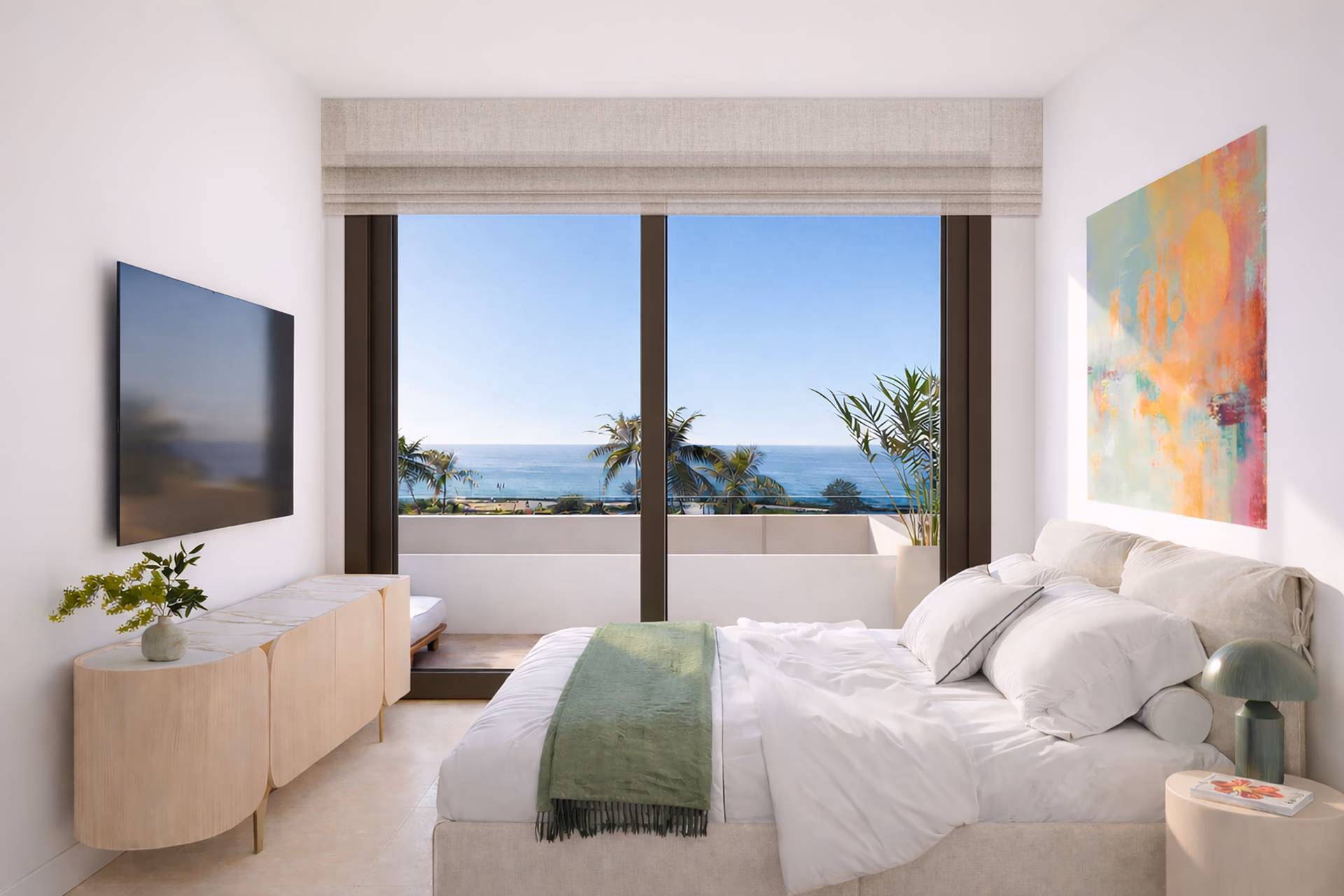 Living room framing Mediterranean views at NJOY SHORE
