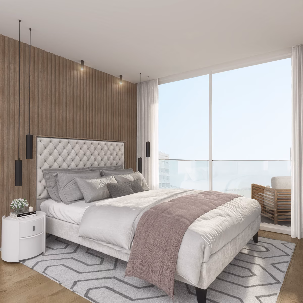Schlafzimmer mit gepolstertem Kopfteil und Holzlamellenwand